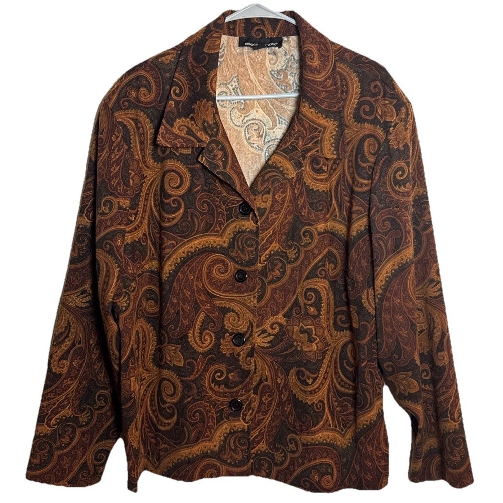 Briggs New York Women's 3X Brown Paisley‎ Jacket Top Stretch Button Front Plus